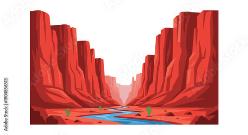 Expansive and serene desert canyon landscape with towering red rock walls, a winding blue river, and green cacti under