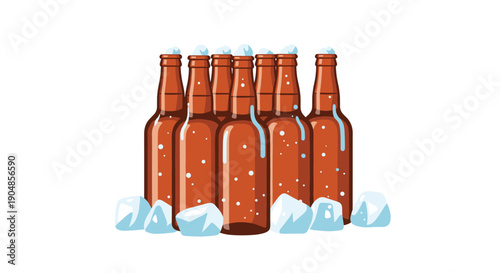 Eight frosty brown beer bottles standing upright, surrounded by glistening ice cubes, suggesting a refreshing and