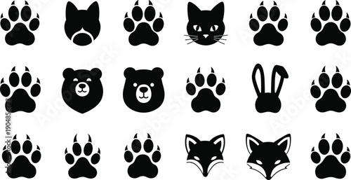 Set of animal paw prints with claws and wildlife faces including bear cat fox and rabbit silhouette icons for nature and hunter themes