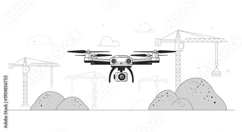 Advanced industrial drone flying high over a construction site, overseeing material piles and distant cranes for