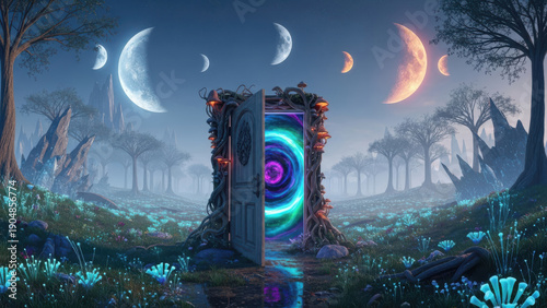 Mystical portal in an enchanting moonlit forest.