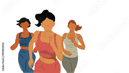 Three women running flat design minimal vector illustration isolated on white background sport fitness workout marathon wellness concept vector illustration
