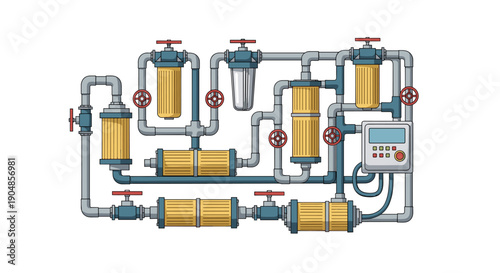 Intricate industrial water purification and filtration system featuring multiple filters, pipes, and control valves,