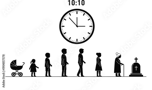 Human life cycle aging process from birth to death featuring silhouette figures of baby child teenager adult and senior with a clock symbol