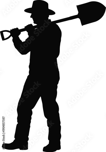 Farmer silhouette wearing a wide brim hat carries a large shovel over his shoulder ready for manual labor or fieldwork.