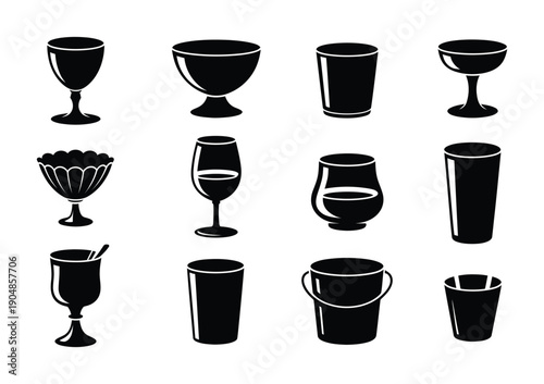 This vector image showcases a collection of black and white drinkware and containers