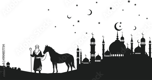 Eid mubarak islamic silhouette art with horse and mosque