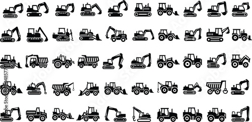 Heavy construction machinery and industrial equipment icons, featuring excavators, dump trucks, tractors, and earthmoving vehicles for building site vector design