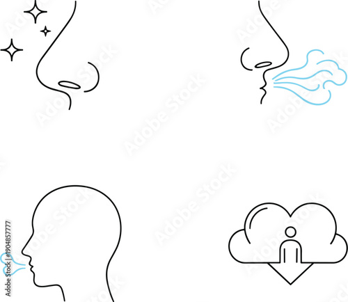 Breathing and airflow icon set with nose mouth exhale clean air symbols outline vector collection