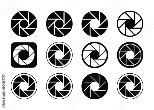 Collection of various vector shutter aperture designs in black and white.