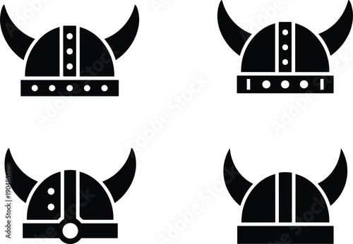 Detailed Viking helmet silhouette collection featuring various horned designs for historical and fantasy-themed graphic design projects.