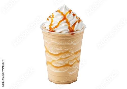 A caramel frappuccino with whipped cream on top