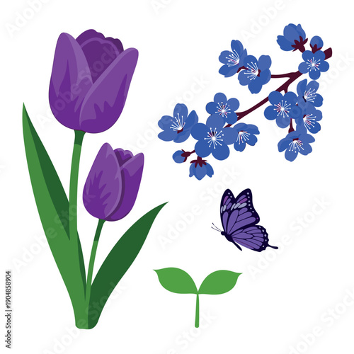 Purple Tulips and Forget Me Not Flowers with Butterfly.