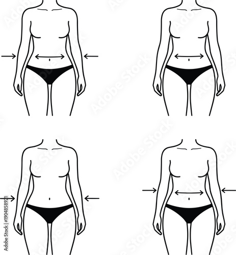 Female body proportion and waist measurement illustration set with anatomy reference poses outline vector collection for education