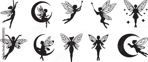 Silhouettes of fairies with crescent moons and stars displaying enchanting magical moments