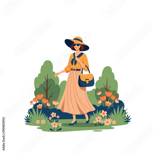 Woman in a garden with flowers and a hat.