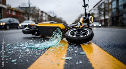 Electric Scooter Accident: Crashed yellow e-scooter on road with shattered glass, traffic safety, urban transport risk, vehicle collision, insurance claim, injury and danger concept