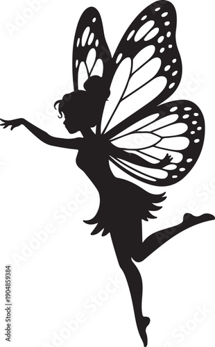 A graceful black fairy silhouette featuring large detailed butterfly wings depicted in a dynamic flying posture