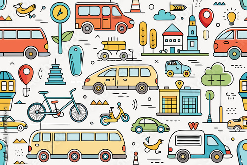 Colorful cartoon transportation vehicles seamless pattern on white background