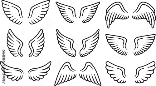 Multiple pairs of black outlined angel wings showcasing various feathered styles