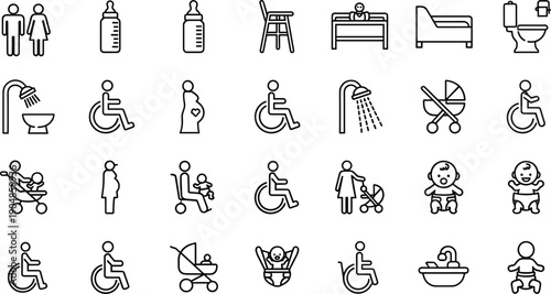 Public restroom and baby care facility icon set featuring disabled access, pregnant women, strollers, infant changing tables, and nursery symbols