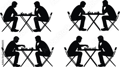 Two men playing chess silhouette set, featuring strategic board game competition, thinking poses, intellectual battle, and leisure activity vector icons