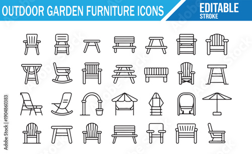 Editable Stroke Line Icons: Garden Chairs, Benches, Umbrellas