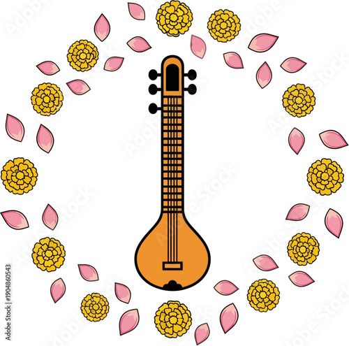 Musical instrument Veena with marigold and lotus flower wreath Vasant Panchami frame