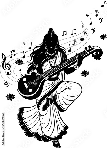 Black and white line art of Goddess Saraswati playing Veena Indian mythology