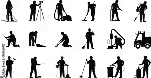 Cleaning service worker silhouettes set, professional janitor and maintenance staff isolated on white background collection