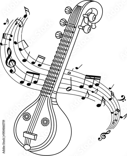 Musical instrument Veena line art with flying music notes and staff symbols