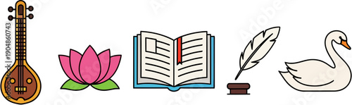 Vasant Panchami symbols set including Veena lotus books quill and white swan