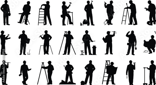Construction worker silhouettes set, professional tradesmen with tools isolated on white background industry collection
