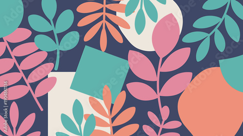 Colorful abstract leaves and shapes on dark blue background