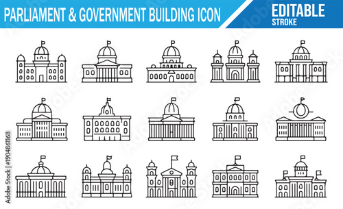 Vector Illustration Set of Government Buildings with Dome and Columns.