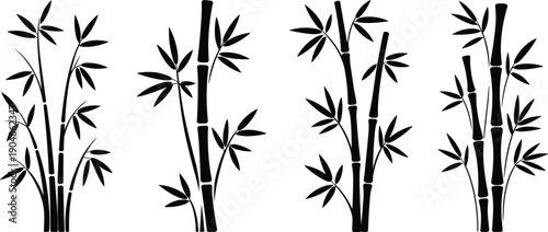 Minimal bamboo plant silhouettes, black botanical vector illustration, Asian nature design, Zen style foliage, isolated on white background