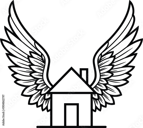 Black and white line art vector illustration of a simple house with large feathered wings for real estate or moving concept.