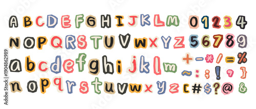 Vintage ransom note alphabet set with cutout letters numbers and symbols hand drawn vector illustration for punk grunge zine and anonymous poster design