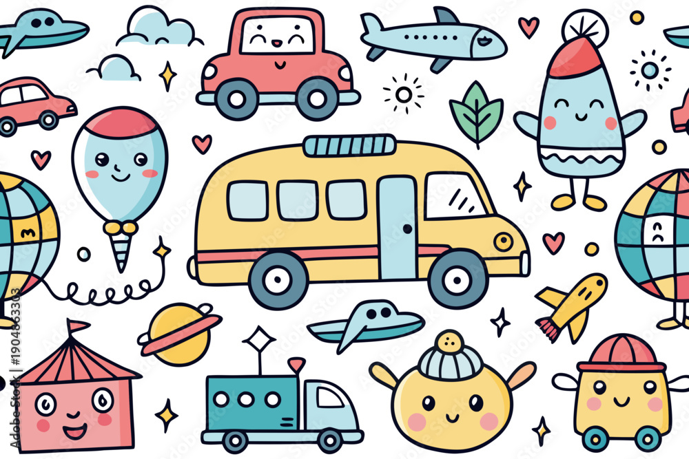 Naklejka premium Cheerful anthropomorphic yellow school bus, red car, hot air balloon, spaceship, and other cute flying vehicles create a charming seamless pattern for children's projects, isolated on white.