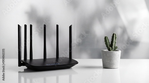 A black wireless router with multiple antennas sits next to a small potted cactus on a white table in a modern minimalist setting with a blurred background.