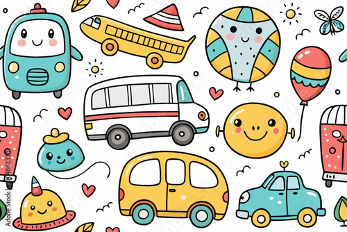 Playful vehicles and charming cartoon characters generate a heartwarming seamless pattern, featuring delightful smiling cars, buses, and various whimsical transport modes, ideal for enchanting.