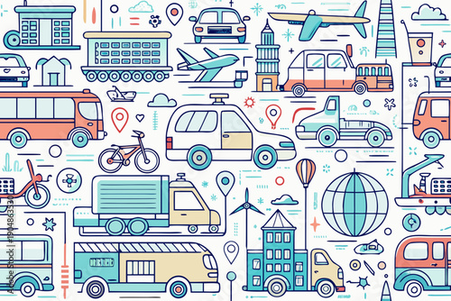 Detailed doodle background showcases diverse transport modes like cars, trains, and aircraft interconnected with navigation pins and landmark icons for industry use.