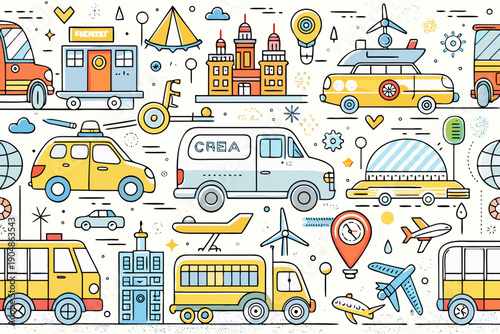 Outline style seamless pattern features various modes of transportation including cars, vans, trucks, and airplanes against a white background for design projects.