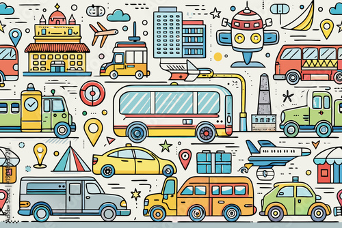 Diverse group of illustrated travel and city mobility icons like airplanes, buses, and buildings are arranged densely across the surface providing ample texture for design applications.