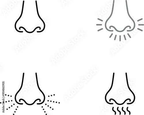 Human nose icon set with smell breathing allergy and airflow symbols minimal outline vector collection for medical education