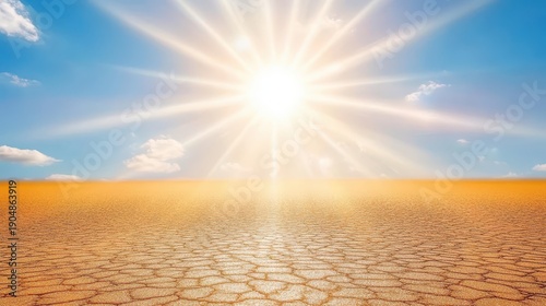 Bright sun shining intensely over dry cracked earth landscape symbolizing extreme heat and drought conditions