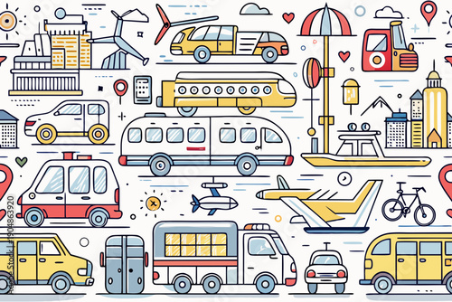 Vibrant repeating background displays numerous simplified illustrations of diverse vehicles like ambulances, trains, trucks, and small cars in a flat, graphic style.