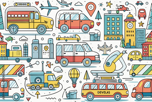 Flat design collage representing diverse emergency and commercial vehicles alongside modern high-rise buildings and navigational markers for transport concepts.