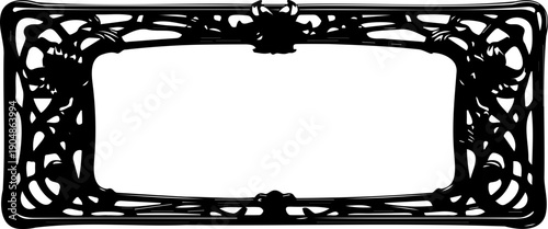 A black and white vector graphic of a decorative license plate frame with floral design