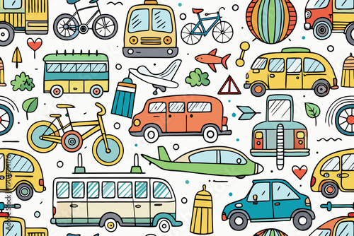 Seamless pattern featuring numerous simple, hand-drawn icons of various transportation methods like bicycles, buses, and small automobiles set against white.
